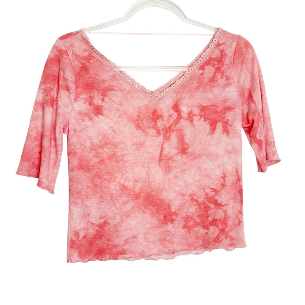 Candie's Pink Tie Dye Cropped V-Neck Top Short Sleeve Juniors Medium